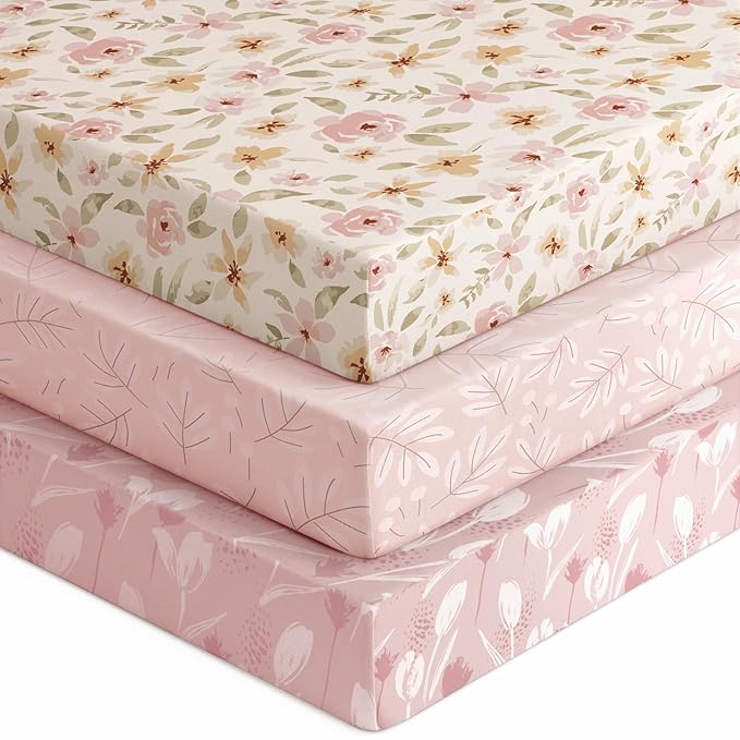 Baby Crib Sheets for Boys Girls, 28x52x8in Fitted Crib Sheet Neutral 3 Pack for Standard Crib and Toddler Mattress, Breathable Soft Microfiber Baby Sheet Pink Flowers & Leaf