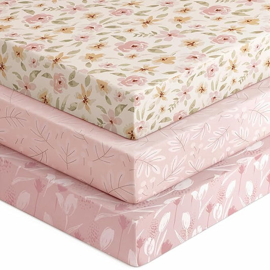Baby Crib Sheets for Boys Girls, 28x52x8in Fitted Crib Sheet Neutral 3 Pack for Standard Crib and Toddler Mattress, Breathable Soft Microfiber Baby Sheet Pink Flowers & Leaf