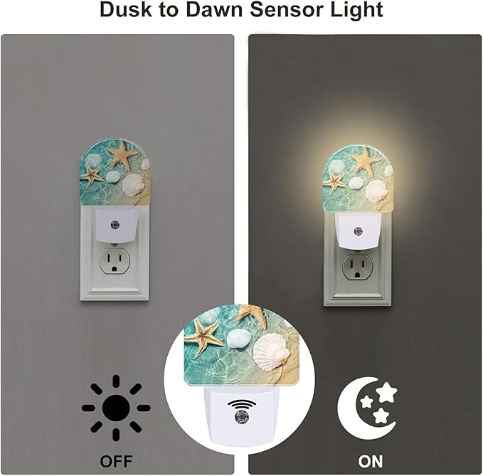 Starfish and Seashell Night Light Plug into Wall, Summer Beach Ocean Waves Dusk to Dawn Night Light Plug in,0.5w Energy Saving Sleep Friendly NightLight for Kids Boys Girls Home Decor