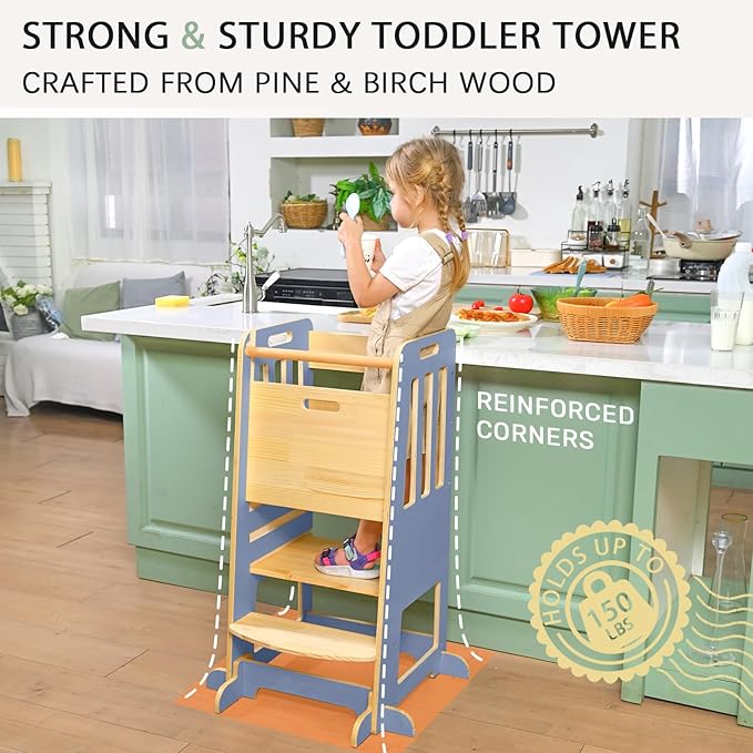 WINGYZ Toddler Kitchen Stool – Adjustable Helper Tower for Kids with Safety Rail, Wooden Standing Step-Up Stool, Sliding Door & Stable Base, Light Blue