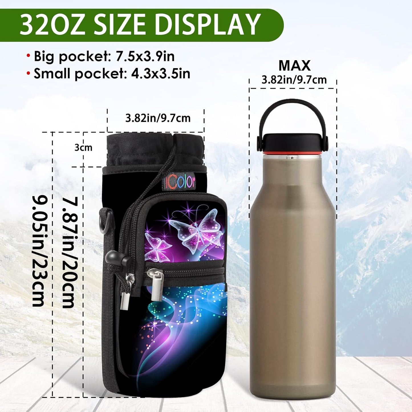 icolor Water Bottle Carrier Bag with Strap 25/32/40 oz Crossbody Bottle Holder with Phone Pocket Sling Sleeve Insulated Neoprene Water Bottle Pouch for Walking Travelling