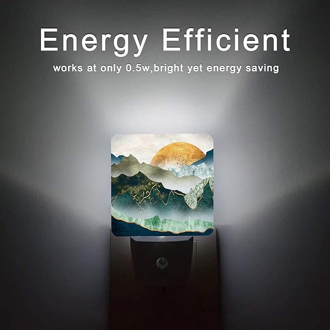 Mountain Night Light,Green Mountains Golden Sunset Plug in Night Lights Auto LED Lamp Energy Saving Square Lights for Boys Girls Men Women