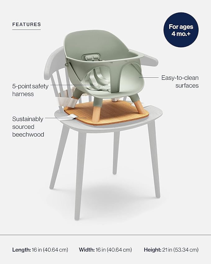 Lalo The Booster Seat for Babies & Toddlers, Children's Booster Seat, Easy to Clean Five-Point Safety Harness & Durable Non-Toxic Plastic Seat & Belly Bar - Sage