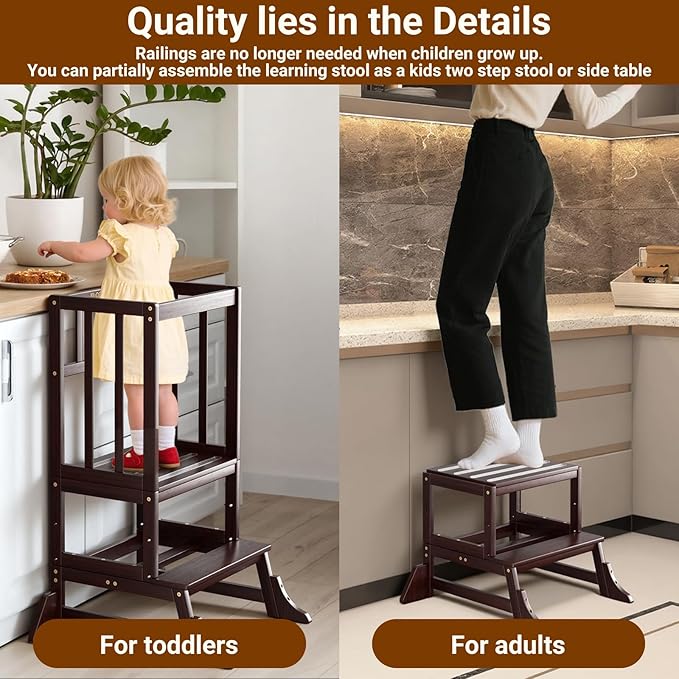 COSYLAND Height Adjustable Kitchen Stool for Toddlers – Portable Toddler Standing Tower for Learning and Cooking – Stable Kids Helper Tower with Stability Block for Kitchen Counter (Walnut)