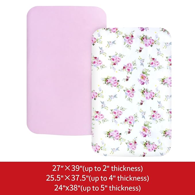 Pack and Play Sheets Girl, 2 Pack Mini Crib Sheets, Stretchy Playard Fitted Sheet, Compatible with Graco Pack n Play, Soft and Breathable Material, Floral