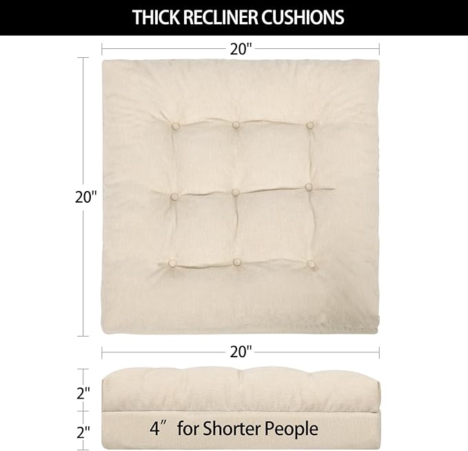 HAVARGO Recliner Cushions for Elderly, 20x20x4 Inch Thick Chair Cushion for Shorter Users Patent Design Soft Tufted Dual Layer Booster Seat Cushions for Seniors Recliner Risers Beige 1P