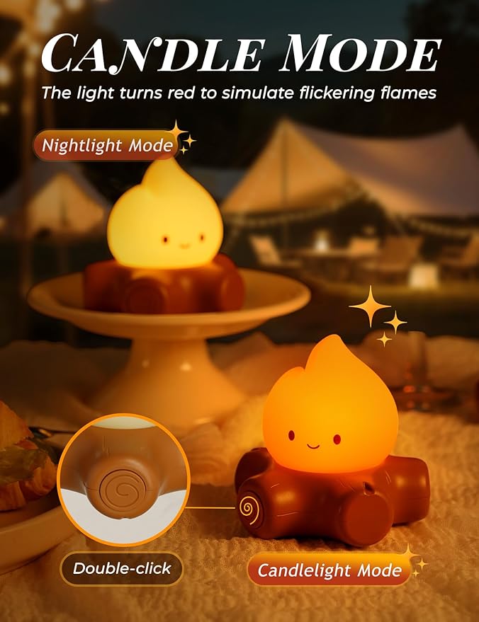 Chibi Campfire Lamp, Cute Flickering Flame Night Light, Soothing Nature White Noise, Rechargeable Cozy Campfire Light for Home Decor Camping Trips, Best Gifts