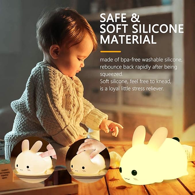 QANYI Kawaii Bunny Night Lights for Kids, 7 Color Light Silicone for Baby Nursery, Portable USB Rechargeable Bedside Lamp for Toddler's Room, Bunny Decor Kawaii Easter Gifts for Child and Teen Girls