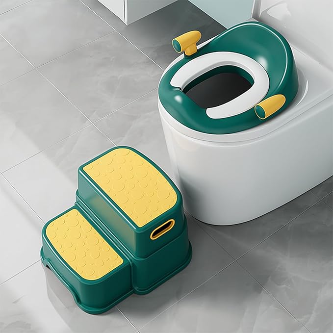 Potty Training Toilet Seat with Kids Step Stool Anti-Slip Toddler Potty Seat with Soft Cushion, Baby Potty Training Set Toddlers Toilet Seat for Boys and Girls (Green)