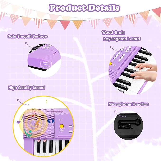Toy Piano for Kids Pianos Keyboard Toy for 3 4 5 6 7 8 Year Old Girls Boys Beginners Electric Keyboards with Microphone Toys for 3+ Year Old Gifts (Purple)