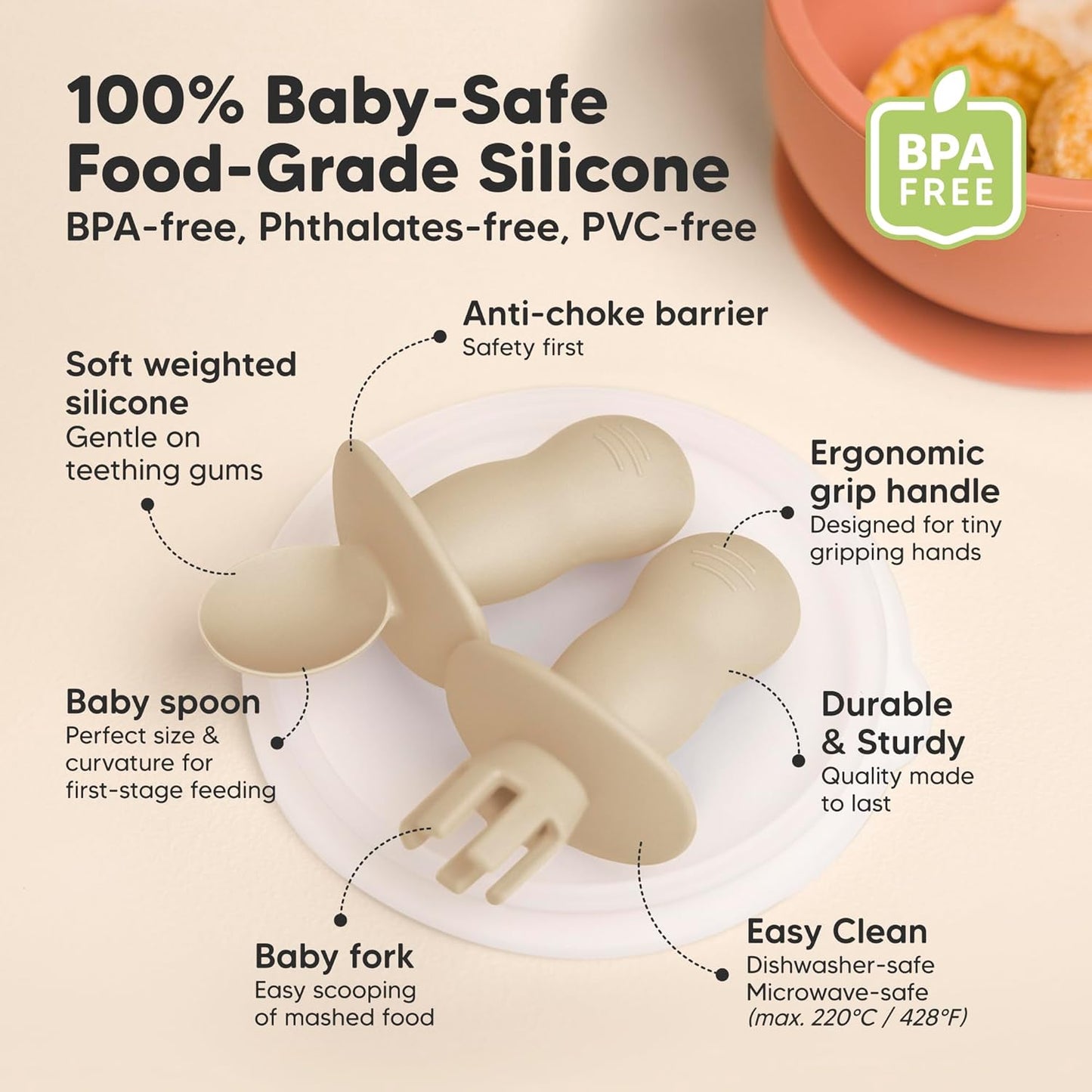 KeaBabies 4-Pack Silicone Baby Spoons and Forks Set - Baby Led Weaning Utensils 6-12 Months, Self Feeding Toddler Spoon & Fork for Training, Teething, Easy to Hold, BPA-Free Silicone (Terracotta)