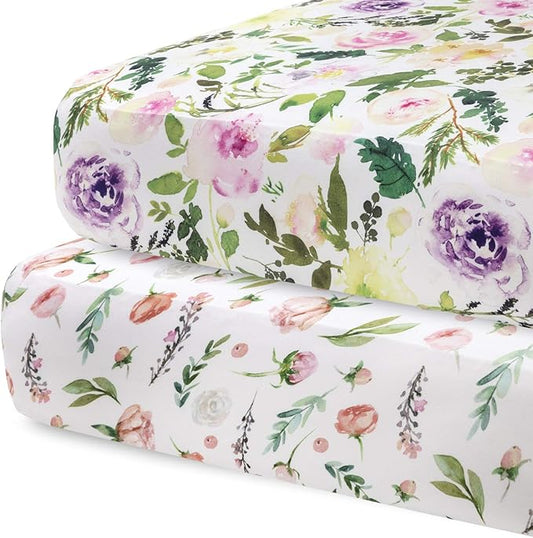 Pobibaby - 2 Pack Premium Fitted Baby Girl Crib Sheets for Standard Crib Mattress - Ultra-Soft Cotton Blend, Safe and Snug, and Stylish Floral Crib Sheet (Allure)