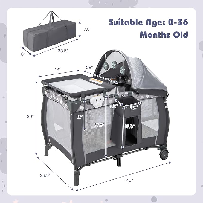 HONEY JOY Pack and Play with Bassinet, 4-in-1 Portable Baby Playard with Changing Table, Net & Cute Toys, Diaper Storage Bag, Music Box, Wheels with Brake, Foldable Newborn Play Yard w/Carry Bag