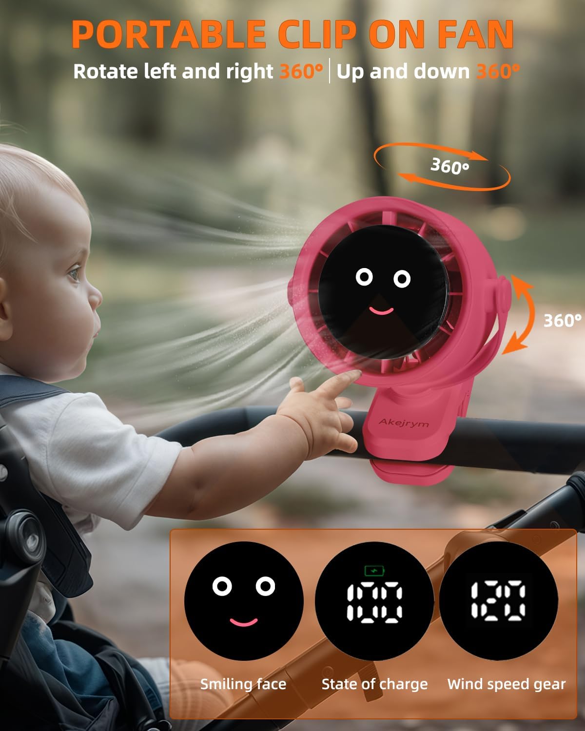 Clip on Fan for Bed, Portable Fan for Travel, Air Turbo Tech & Digital display, 360° Rotate & 5 Speeds stroller fan, For Home Office Stroller Camping - Red