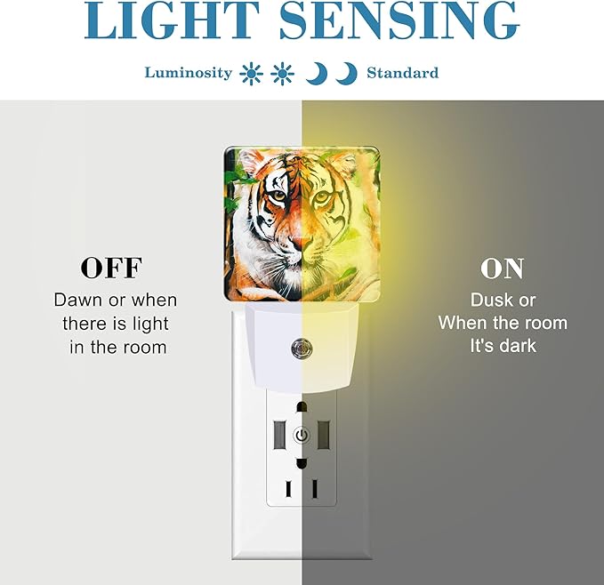 Plug in Night Lights Oil Painting Tiger in Jungle Nightlight Plug Into Wall Dusk to Dawn Sensor LED Night Light for Kid Girls Boys Women Room Decor,Hallway,Kitchen,Bathroom,Nursery,Stairs