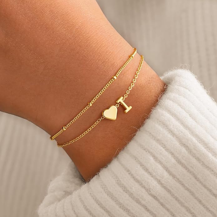 M MOOHAM Initial Heart Bracelets for Women - Layered Dainty 14K-Gold-Plated Heart Letter A-Z Charm Bracelets for Women, Chain Link Charm Bracelets Beaded Bracelets Birthday Gifts Womens Jewelry