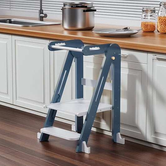 Kids Kitchen Step Stool, Foldable Toddler Tower, Height Adjustable Toddler Standing Tower with Safty Rail and Anti-Slip Device, Wooden Stool for 1.5-6 Years(Sky Blue-White)