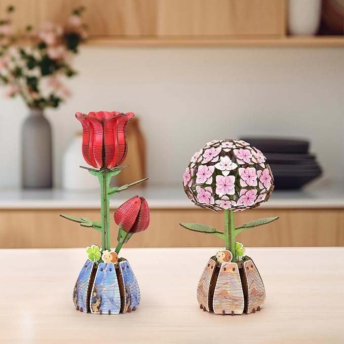 Jege 3D Flowers Wooden Puzzles for Adults,DIY Wooden 2 Flowers per Kit Building Set for Home Decor, Creative Craft Gift Toys Kits with 2 Perfume Bottles and Diffuser Sticks (Rose + Hydrangea)