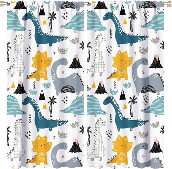 Kids Dinosaur Curtains for Boys Girls Bedroom Decor Cartoon Dino Colorful Cute Funny Wildlife Animal Printed Blackout Rod Pocket Window Drapes for Baby Nursery Playroom Living Room W21xL45in 2 Panels