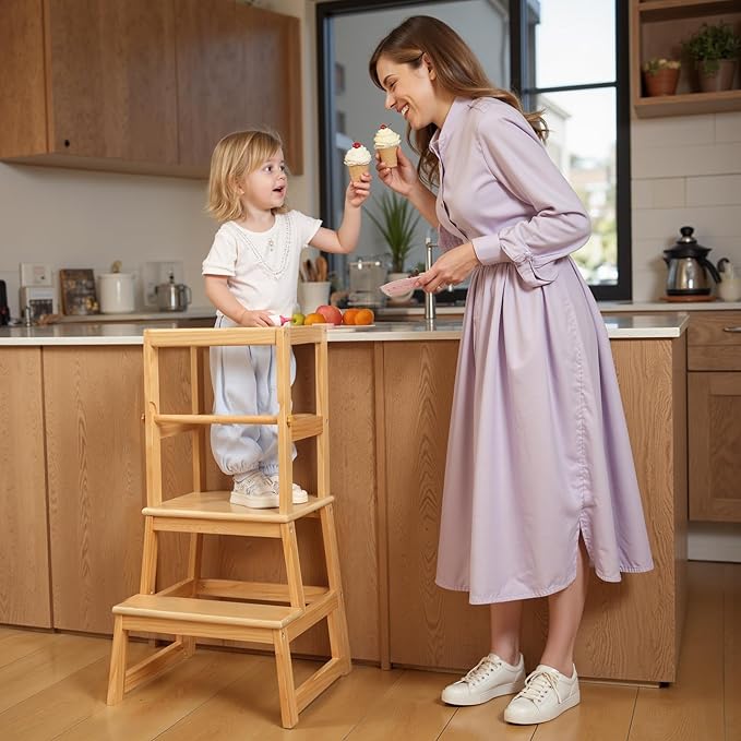 Kitchen Step Stool for Kids with Safety Rail,Toddler Standing Tower for Kitchen Counter, Baby Montessori Stool,Solid Wood Construction,Natural