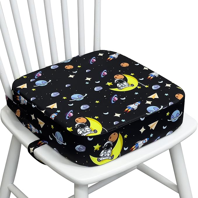 Toddler Booster Seat for Kitchen Chair, 3.5" Oxford Foam Cushion, Non-Slip Base, Adjustable Straps, Portable Dining Booster for Self-Feeding Toddlers at Home or on The Go (Black Starry Sky)