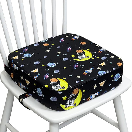 Toddler Booster Seat for Kitchen Chair, 3.5" Oxford Foam Cushion, Non-Slip Base, Adjustable Straps, Portable Dining Booster for Self-Feeding Toddlers at Home or on The Go (Black Starry Sky)