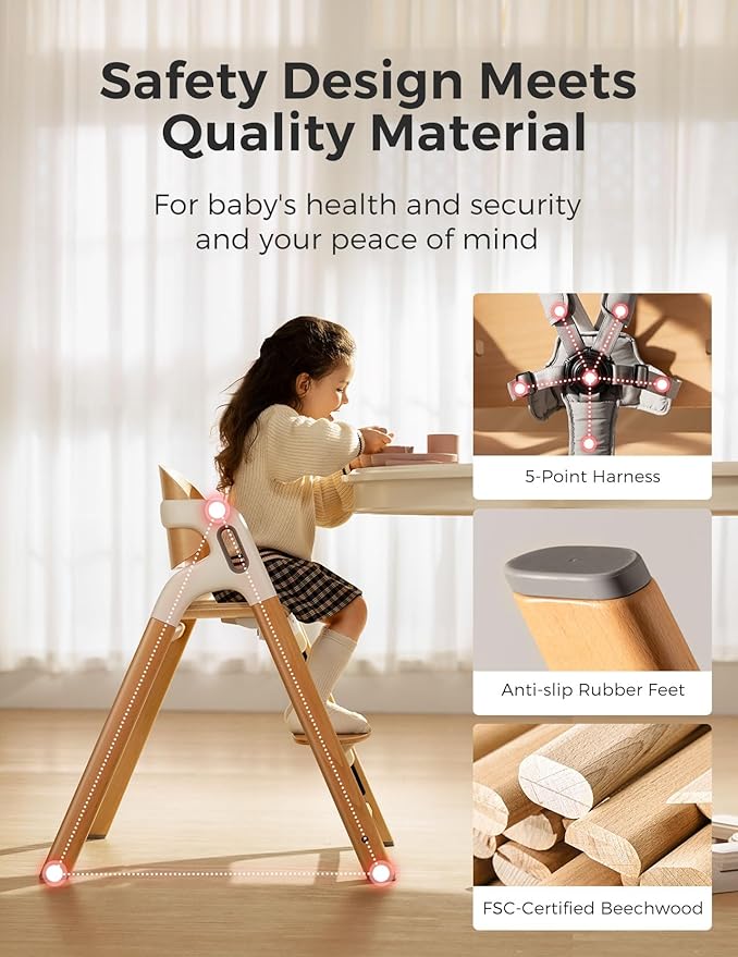 Momcozy DinerPal Wooden High Chair for Babies, Toddlers & Adults Up to 308 Lbs, Convertible Baby Highchair with Food-Grade Tray, Dishwasher-Safe, Adjustable & Ergonomic, Natural Wood