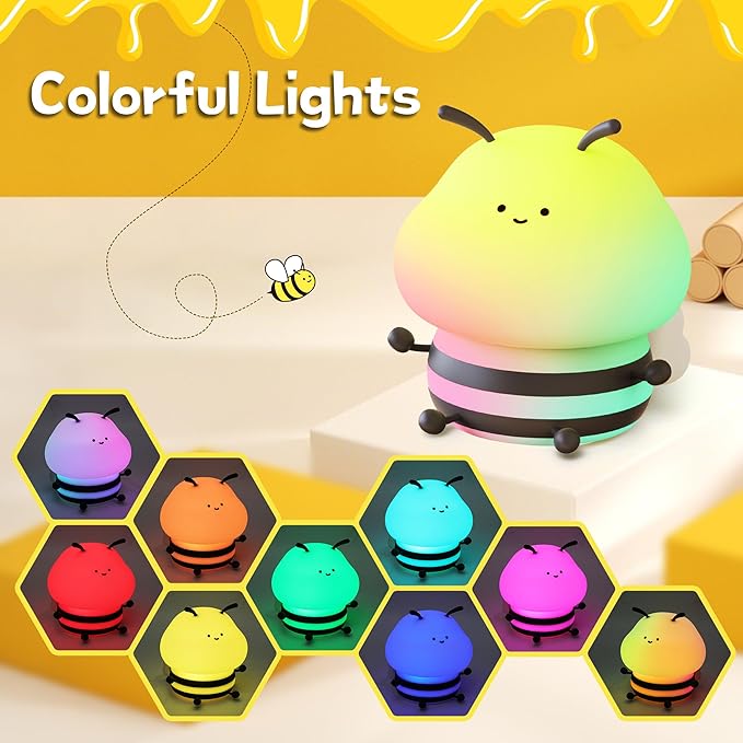 Bee Gifts, Cute Bee Night Light, Animal Silicone Nursery Lamp with Dimming and Timing Function, 9 Lighting Effects, Cute Room Decor Lights