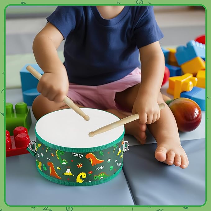 Boao 2 Pcs Kids Drum Set, 8 Inch Toddler Drum Wooden Toy with Adjustable Strap and 4 Drumsticks, Educational Sensory Musical Instrument for Toddlers Kid Baby Boys Girls Gift (Dinosaur,Space)