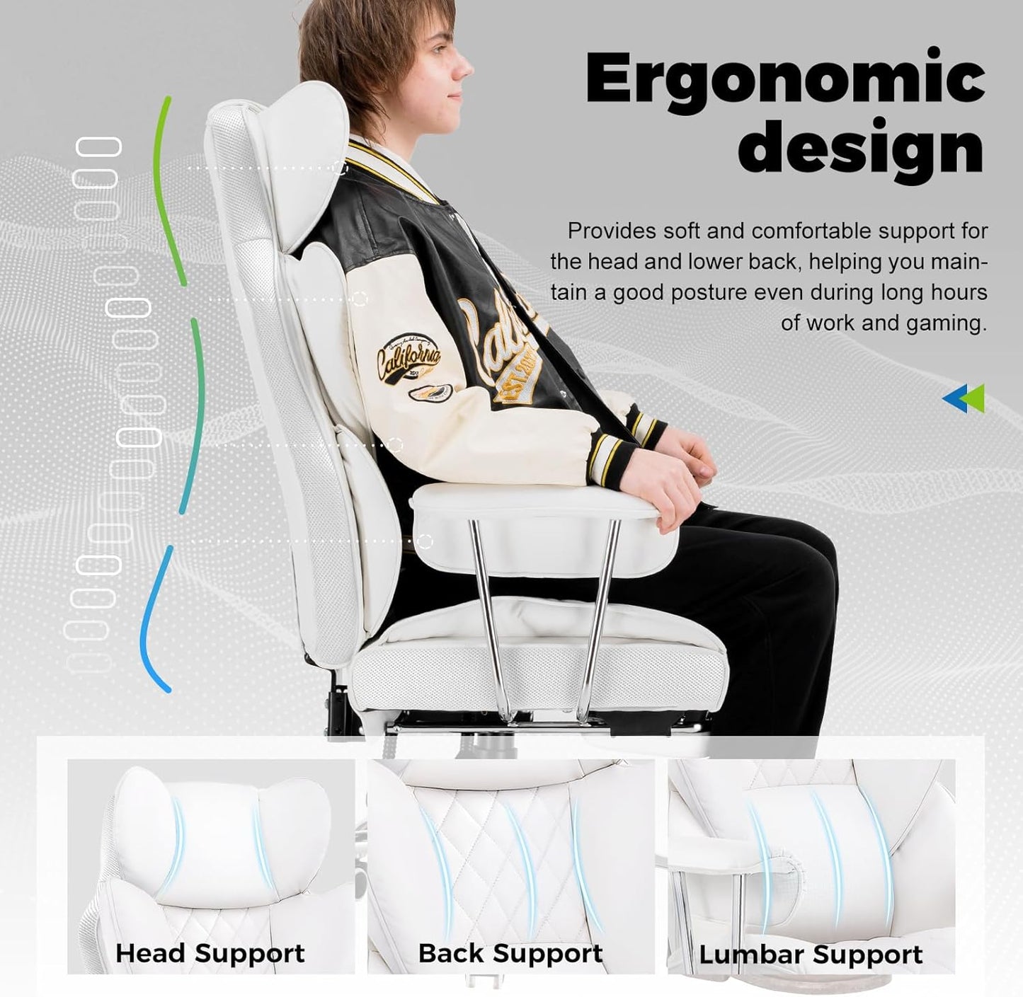 COMHOMA Big and Tall Office Chair, High Back Leather Gaming Chairs with Footrest, Executive Ergonomic Office Chair with Pocket Spring Lumbar Support and with Outward Fixed Soft Armrests