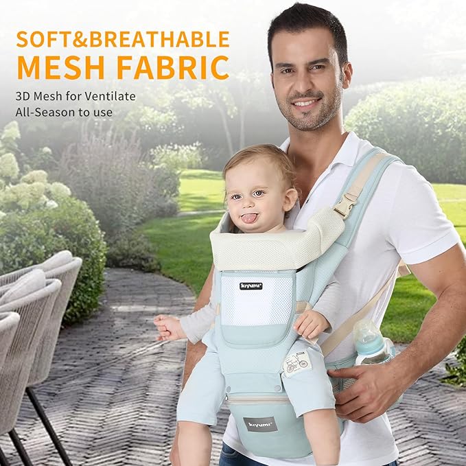 KIYUMI Baby Carrier with Hip Seat, 6- in-1 Baby Carrier Newborn to Toddler, Ergonomic M Position, Head Support and Breathable Mesh,Adjustable Removable Baby Sling Carrier (7-45 lbs), STARSKYBLUE