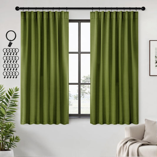 ANRODUO Back Tab Blackout Curtains for Bedroom Living Room, Rod Pocket Pinch Pleated Thermal Insulated Room Darkening Curtains 54 Inches Long 2 Panels, Olive Green, 42 x 54 Inch