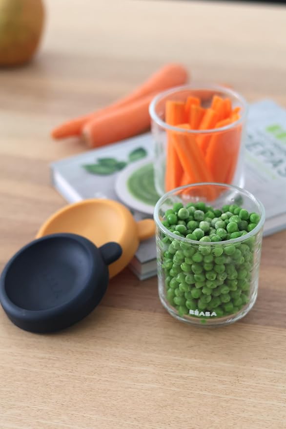 BEABA 2 Pack Glass Baby Food Jars with Soft Silicone Air Tight Lids, 8 oz Glass Storage Containers with Lids, Microwave and Freezer Safe Containers, Midnight