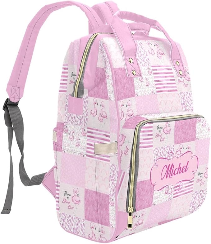 Custom Flamingo Baby Diaper Bag with Name – Personalized Nursing Travel Tote Backpack for Mom or Dad, Custom Name Baby Daypack Gift