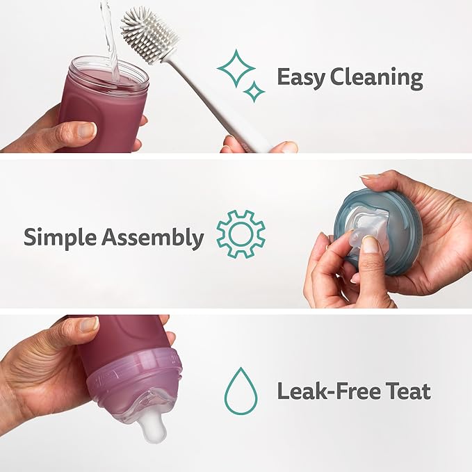 Herobility Glass Baby Bottle - 11 fl oz/320 ml - 3 Pack | Heat Sensing Color-Changing Bottle with Double Anti-Colic Nipple - Silicone Coating - Breastlike Nipples for Newborn Babies - Rose Color