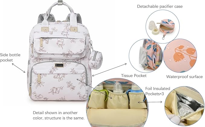 Diaper Bag Backpack for Baby – Large Capacity Waterproof Travel Tote, Multifunction Baby Bag with Changing Pad, Pacifier Holder & Stroller Straps (Cream White)