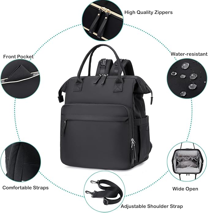 Convertible Diaper Bag Tote, Wide Open Top 14 Pockets Stylish Baby Diaper Bag with Stroller Buckle, Water-resistant (Black-silver, Extral-large)