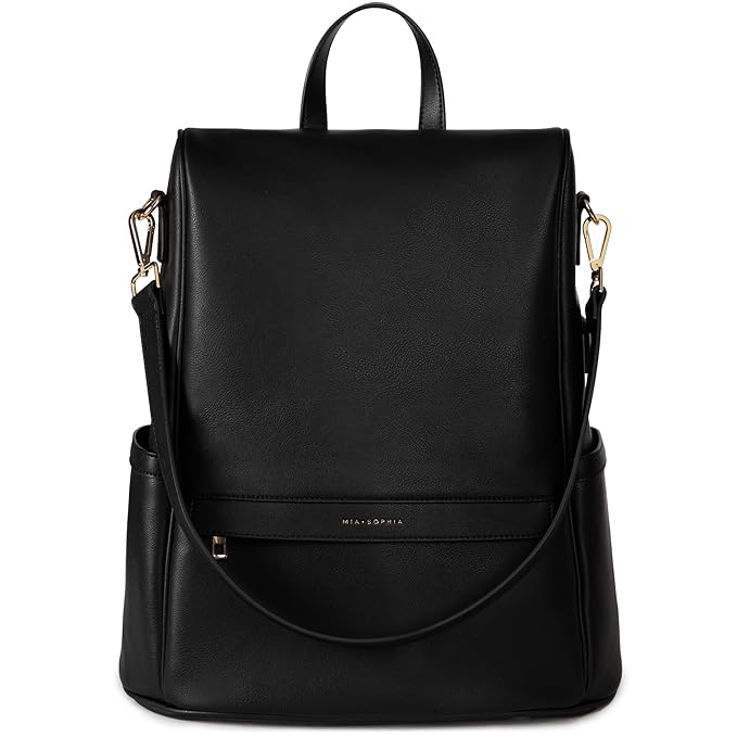 MIA + SOPHIA Leather Diaper Bag Backpack with USB Charging port, Changing Pad, Stroller Straps (Black Mia)