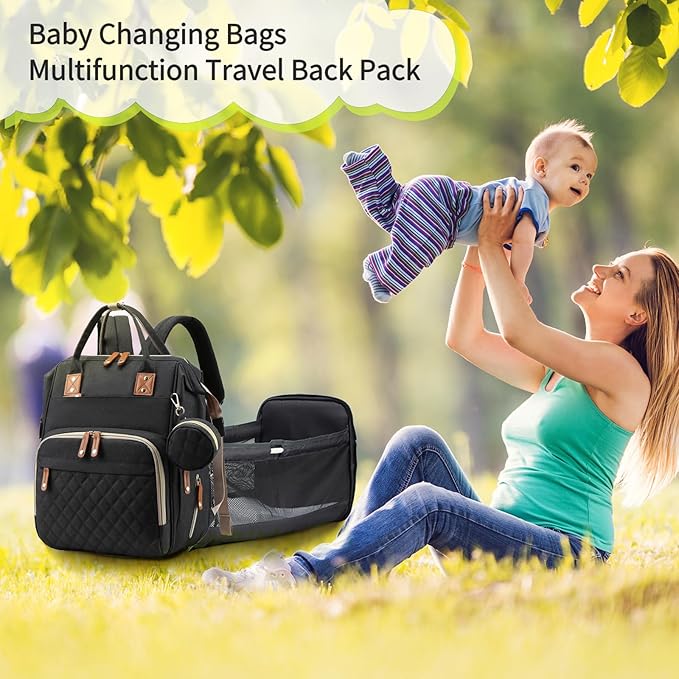 Diaper Bag with Changing Station, Waterproof 3 in 1 Baby Diaper Backpack with Foldable Changing Pad, Large Travel Back Pack for Baby Girl Boy, Baby essentials, Black