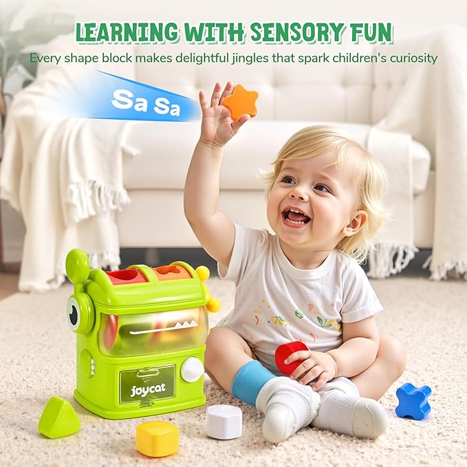 JoyCat Monster Eating The Shapes, Interactive Shape Sorter Toy for Toddlers 1-3, with 6 Rattle Shape Blocks and 2 Levers, Montessori Color Matching & Sorting Learning Toys, Gifts for 1 2 3 Year Old