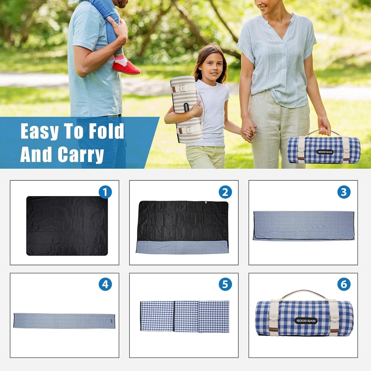 G GOOD GAIN Picnic Outdoor Blankets Waterproof Large - Beach Mat Sand Free Foldable with Carry Strap | Portable Camping Blanket | Park Blanket for Grass Park, Hiking, Travel, Concerts, Indoor (Blue)