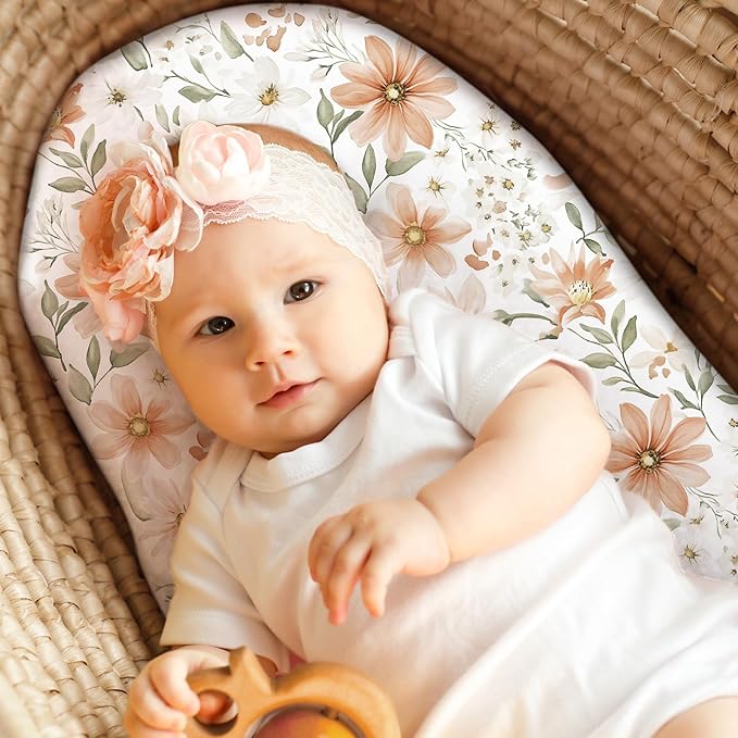 Baby Bassinet Sheets Girl Boy, Fitted Bassinet Sheet Set 3 Pack Bassinet Mattress Sheets Universal Fit for Rectangle, Round, Oval, Hourglass Mattress, Soft Breathable Orange Flowers & Plaid