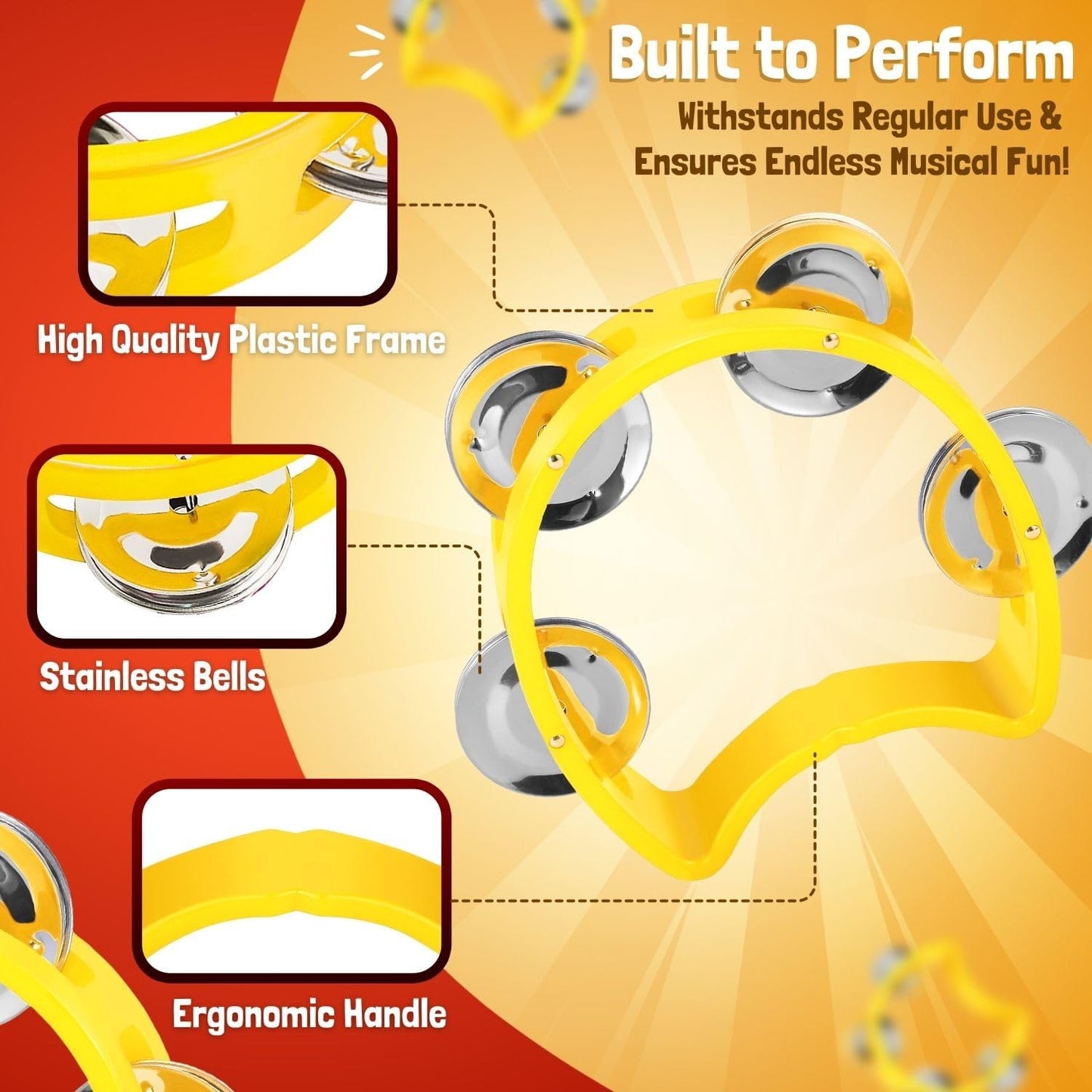 Flexzion Tambourine Hand Bell Percussion Musical Instruments Set of 2 Pack (Red /Yellow), Plastic Music Instrument Half Moon Mini D Handheld Shaker with 4 Pairs Jingle Bells