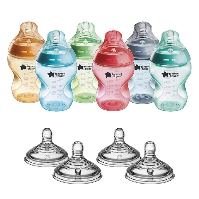 Tommee Tippee Natural Start Bottle and Nipple Bundle, 6 Fiesta Color, Anti-Colic 9 oz BPA Free Baby Bottles, 0+ Months, Slow Flow Breast-Like Nipple, Baby Bottle Nipples, Extra Slow Flow, 10 Pieces