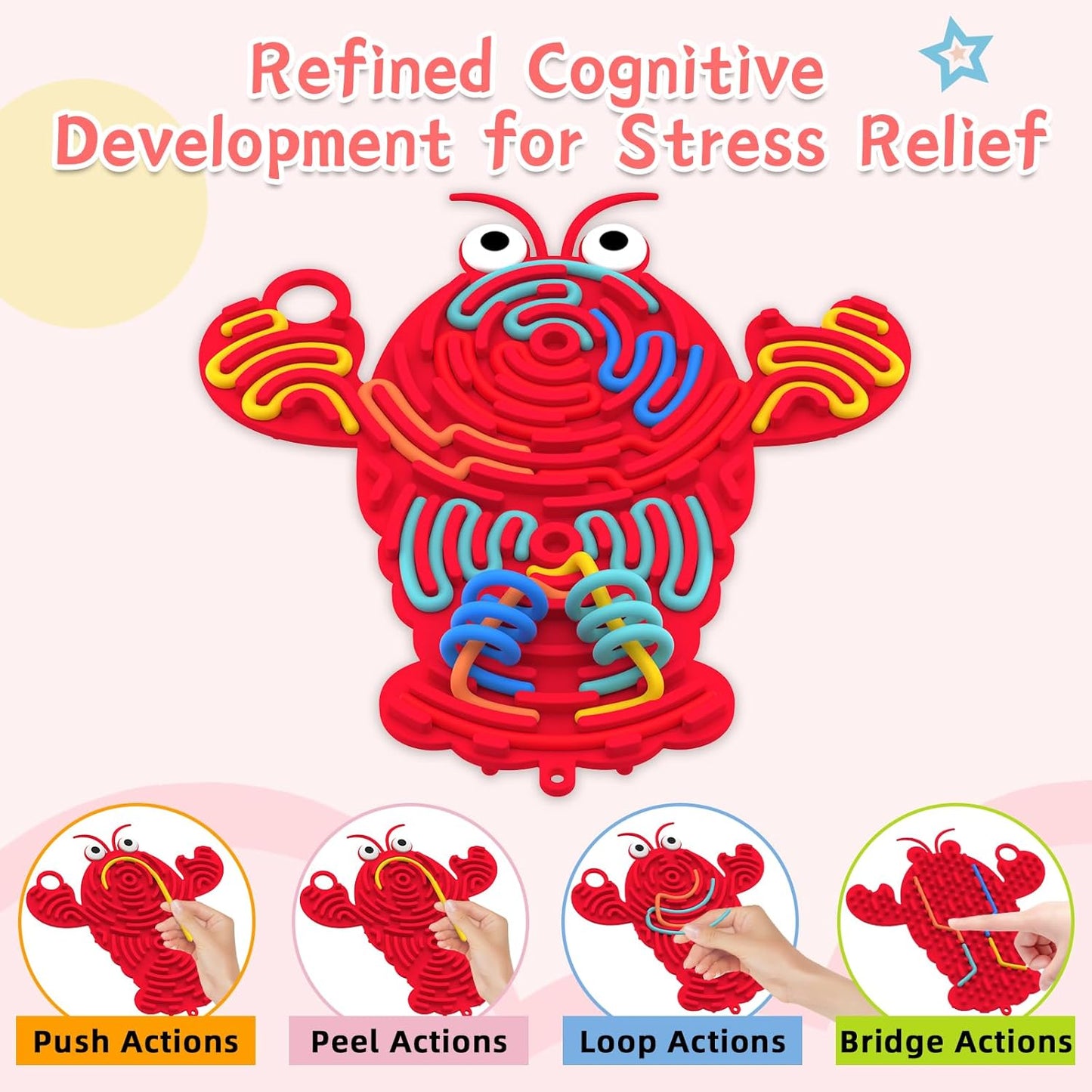 Silicone Sensory Activity Board,2 in 1 Busy Board for Fine Motor Skill, Montessori Fidget Toy for Calming, Stress, Anxiety, ADHD , Autism , Silent, No Mess , Kids 3+ & Adults (Red, Lobster)