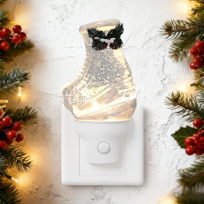 Christmas Night Light Plug into Wall Swirling Glitter USB Portable Christmas Decorative Night Light Decoration for Kids Adults Bedroom Kitchen Living Room Holiday Decor (Ski Boots)