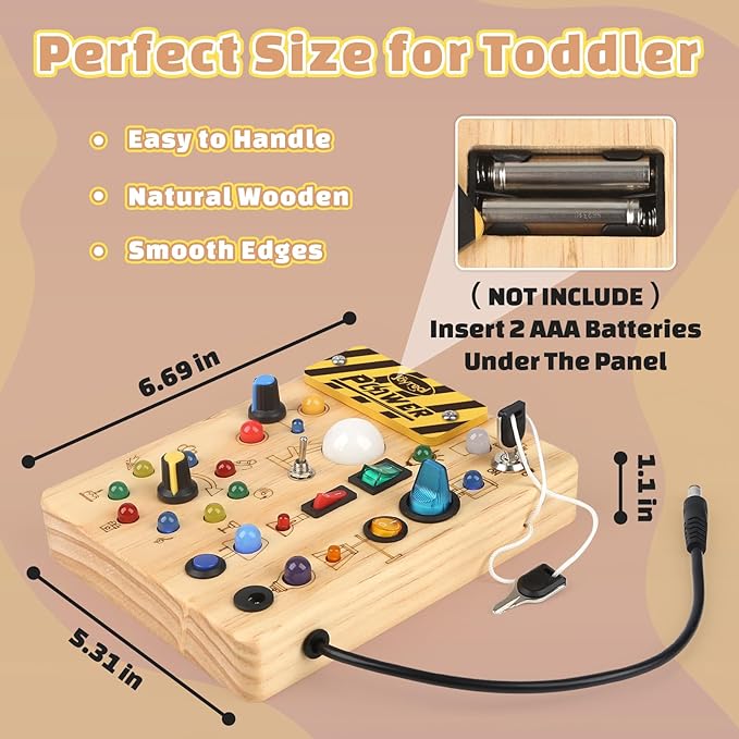 Joyreal Montessori Busy Board Wooden Sensory Toys for Toddler with LED Light Up Switch, Baby Fidget Board Travel Toys for 18+ Months, Boys Girls Birthday, Medium