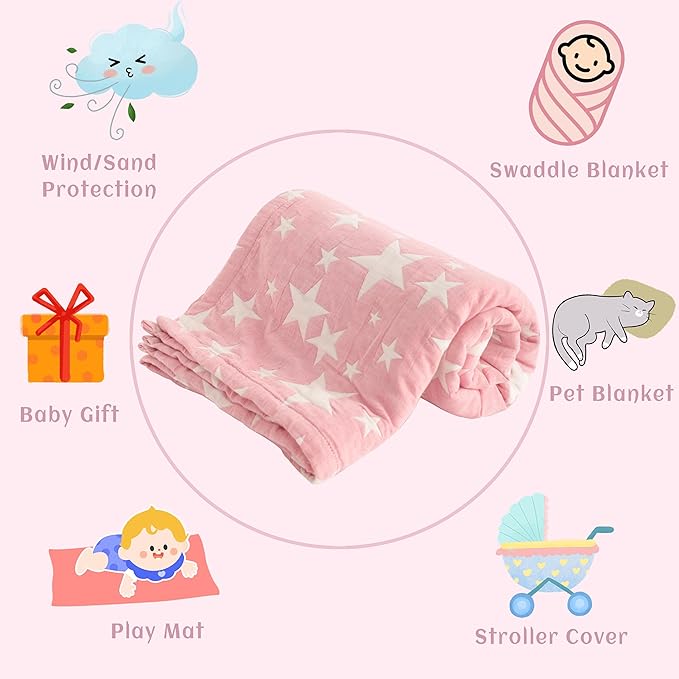 NTBAY 3 Layer Oversized Muslin Cotton Toddler Blanket, 45x60 Inches Jacquard Reversible Nursery Bed Blanket, Super Soft and Thermal Crib Blanket for All Seasons, Baby Gift, 45"x60", Pink/White Star