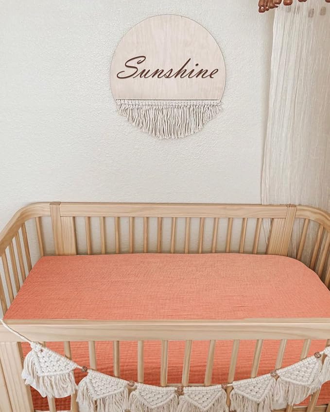 Mini Crib Sheets for Baby, Fitted Pack N Play Mattress and Mini Cribs 24" x 38", Neutral Muslin Cotton Mini Crib Mattress Sheet with Boho Style, Soft and Breathable Comfort (Brick)