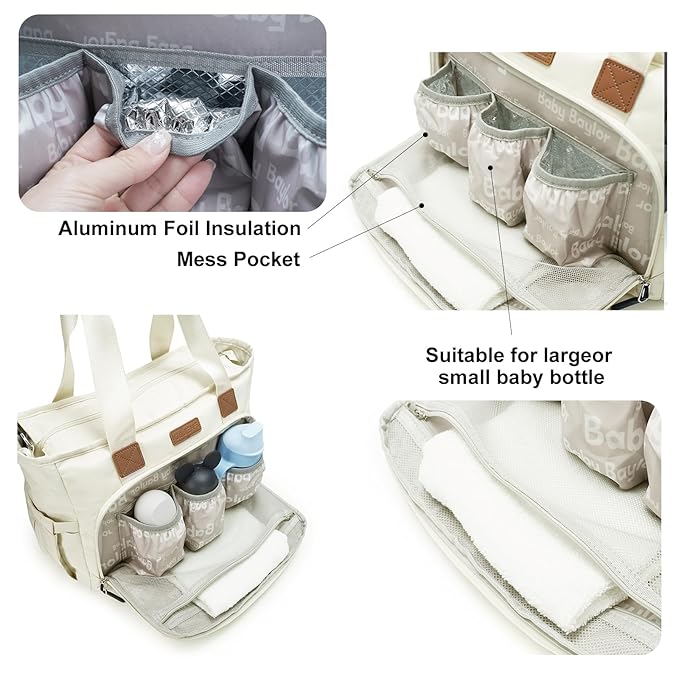 Tote Diaper Bags, Baby Diaper Handbag with 15.6 Inch Laptop Compartment, Travel Diaper Bag with Insulated Pocket Ideal for Baby Registry (Beige)